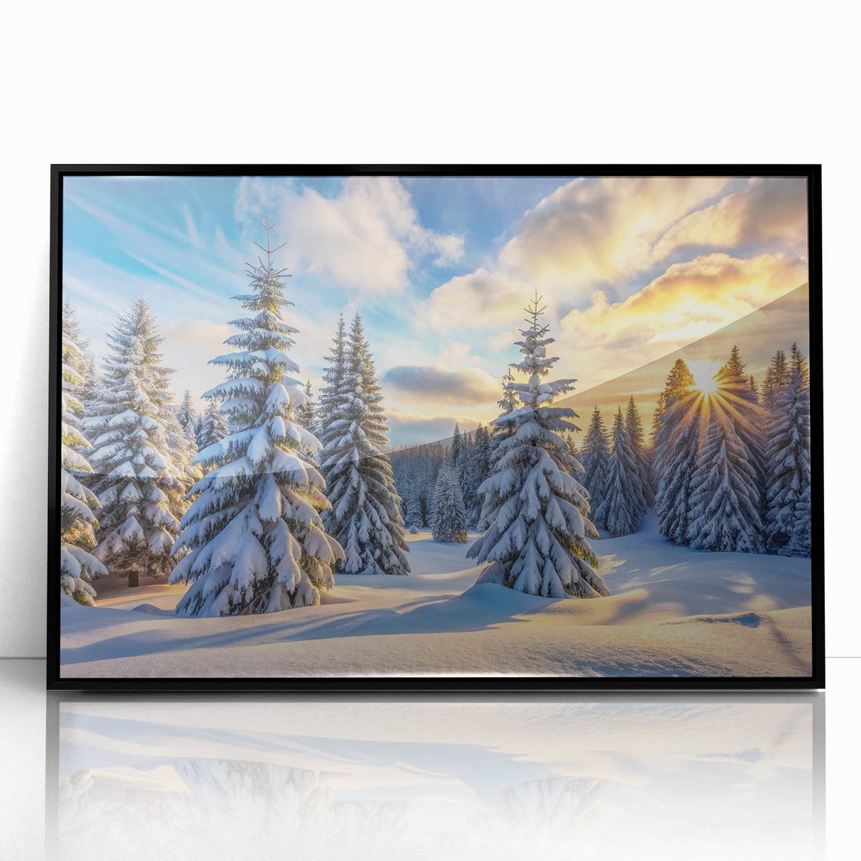 Framed acrylic wall art featuring a vibrant landscape design with trees, showcased in a sleek black frame, perfect for modern home decor.