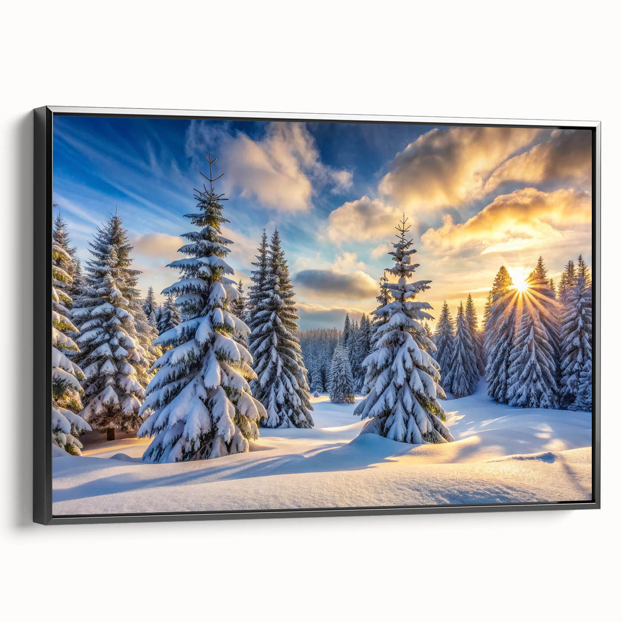 Framed canvas wall art showcasing a serene landscape with trees in a black frame, positioned at a side view to highlight its elegant design and texture. Ideal for home decor enthusiasts seeking nature-inspired artwork.