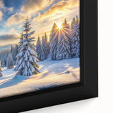 Framed canvas wall art showcasing a vibrant landscape with lush green trees and a serene sky, adding a touch of nature-inspired decor to any space.