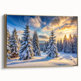 Framed canvas wall art showcasing a vibrant landscape design with lush green trees and a golden frame, ideal for home decor and enhancing interiors.