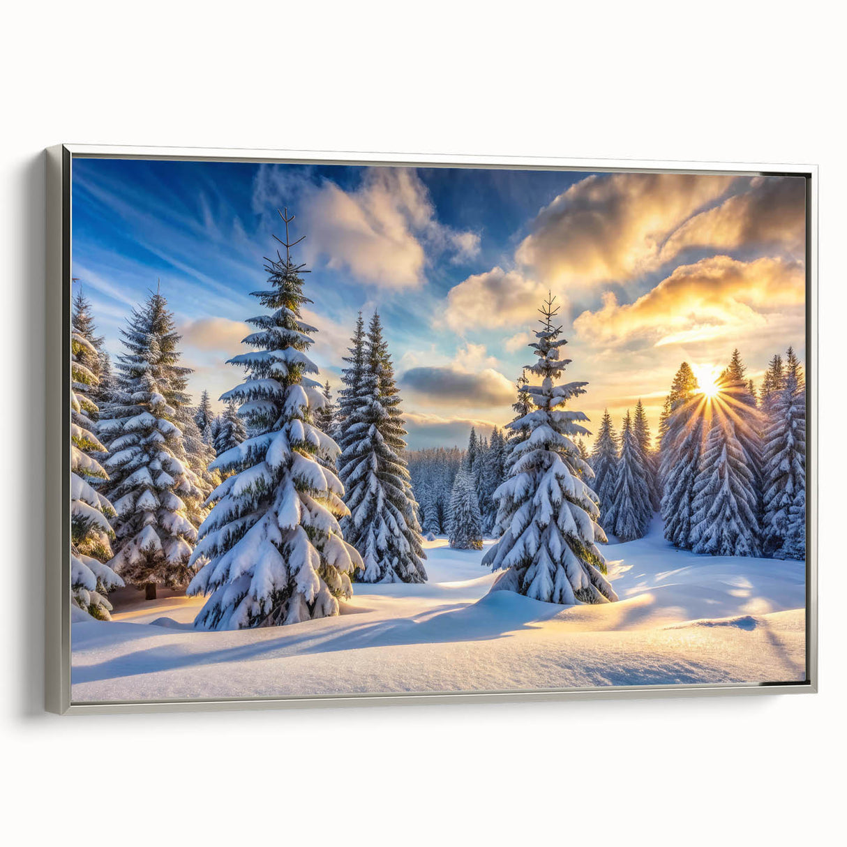 Framed canvas wall art of a serene landscape featuring vibrant trees, elegantly displayed with a silver frame, perfect for enhancing home decor and adding a touch of nature.