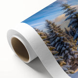 Rolled canvas showcasing a vibrant landscape design with lush green trees and a serene sky, ideal for home decor, presented in a protective cardboard tube.