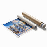Vibrant rolled print of lush landscapes with trees, showcasing intricate details and rich colors, elegantly packaged in a protective tube for wall art enthusiasts.