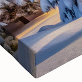 Close-up of a stretched canvas wall art featuring a vibrant landscape with lush green trees and a serene blue sky, perfect for enhancing home decor.