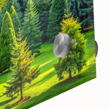 Close-up of vibrant acrylic glass wall art showcasing an abstract landscape with colorful trees, perfect for modern home decor and artistic interiors.