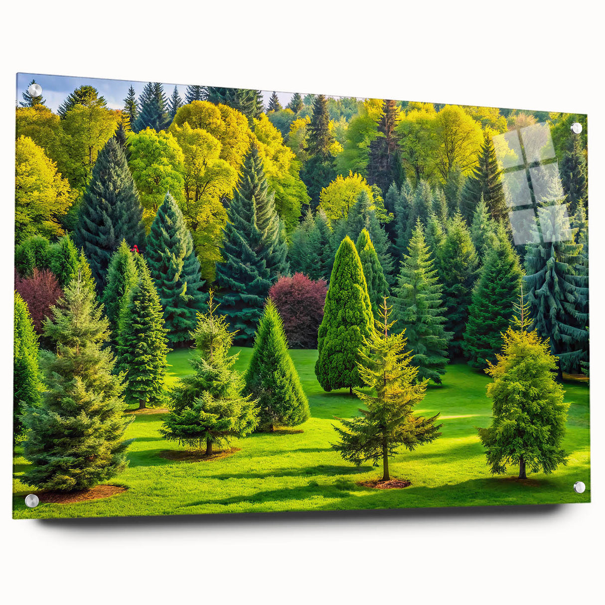 Acrylic glass wall art showcasing a vibrant landscape design featuring lush green trees and a serene setting, elegantly mounted with pins for a modern aesthetic. Perfect for adding a touch of nature-inspired decor to any space.