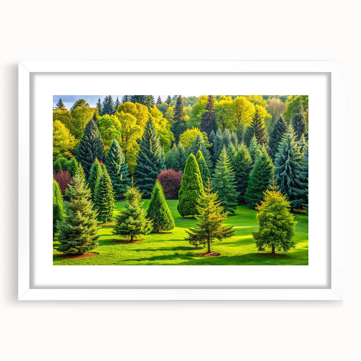 Framed wall art showcasing a serene landscape of trees, presented in a sleek white frame with a mat, perfect for enhancing modern home decor. Ideal for nature lovers seeking elegant wall accents.