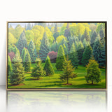 Framed acrylic wall art showcasing a modern landscape design with trees, featuring a gold accent, perfect for enhancing contemporary home decor.