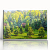 Framed acrylic wall art showcasing a vibrant landscape design with trees, set against a white background. Ideal for enhancing modern home decor and creating a serene atmosphere.