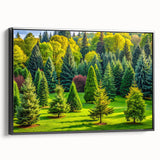 Framed canvas wall art featuring a serene landscape with trees, presented in a sleek black frame, ideal for modern home decor. The scene showcases vibrant greens and calming blues, enhancing any living space with a touch of nature's beauty.