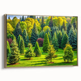 Framed canvas wall art showcasing a vibrant landscape design with trees, featuring a gold frame and side view perspective, perfect for home decor.