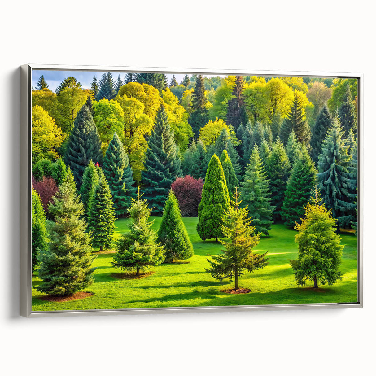 Framed landscape wall art featuring a serene tree design in silver tones, showcasing intricate details and textures, perfect for enhancing modern decor.