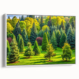 Framed canvas wall art featuring a serene landscape design with lush green trees, set against a bright white background, perfect for modern home decor.