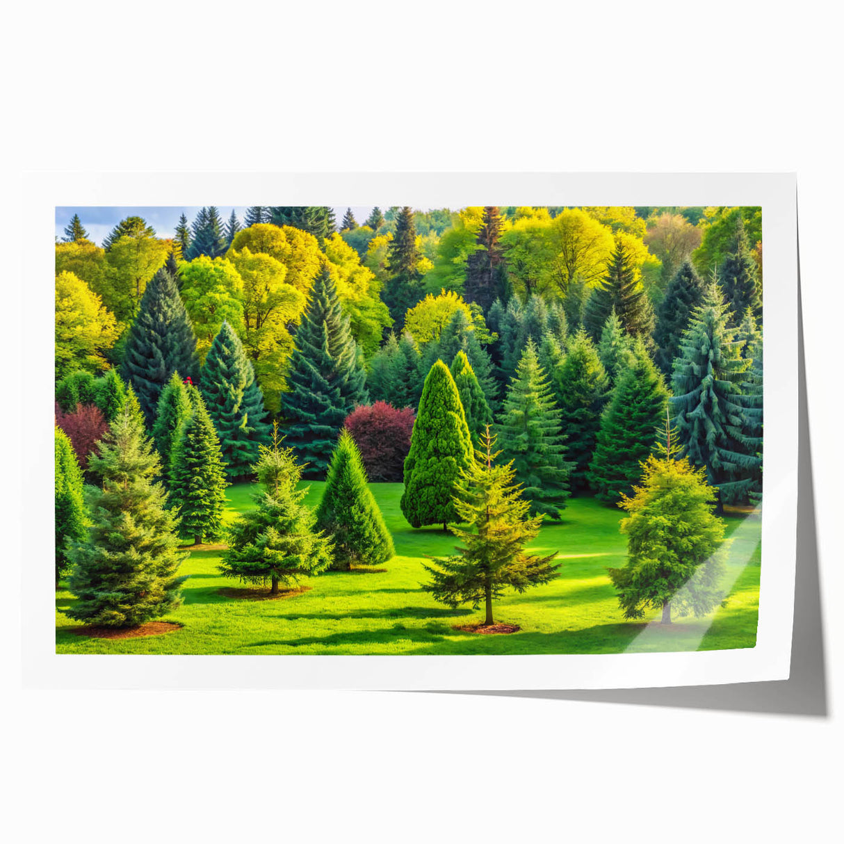 Stylish rolled print of a vibrant landscape featuring lush green trees and a serene atmosphere, perfect for enhancing home decor or office spaces.