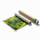 Rolled print of a serene landscape featuring lush green trees and a sunset backdrop, showcasing vibrant colors and intricate details, ideal for home decor.