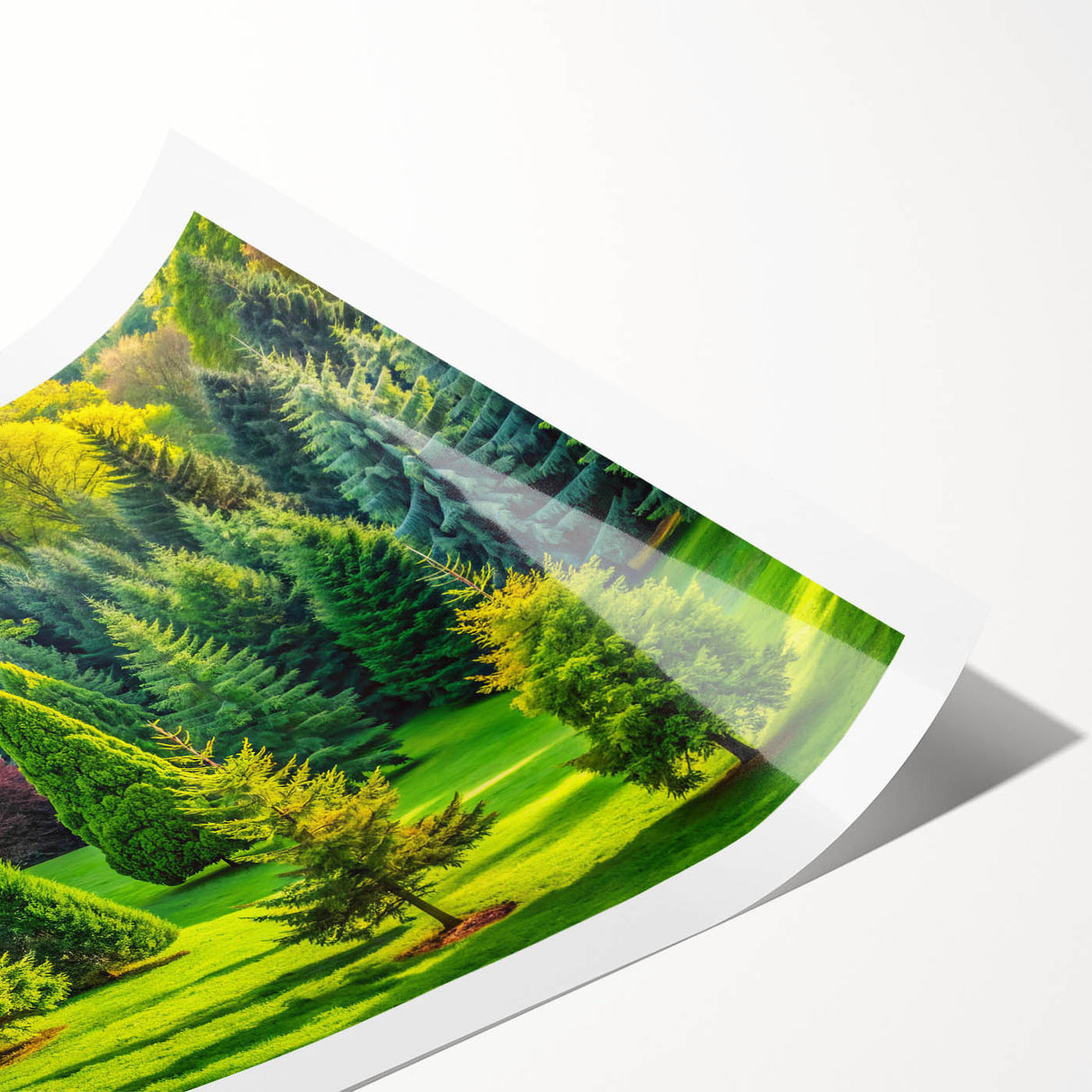Rolled print showcasing a vibrant landscape design with lush green trees and a serene background, perfect for home decor or art collection. The artwork is presented in a protective cardboard tube for safe shipping.