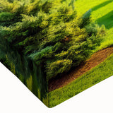 Close-up of a vibrant stretched canvas featuring a detailed landscape design with lush green trees, ideal for modern home decor and art enthusiasts.
