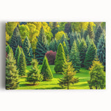 Stretched canvas wall art showcasing a vibrant landscape of trees, featuring rich greens and earthy browns, perfect for enhancing modern home decor.