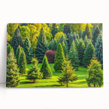 Vibrant stretched canvas wall art featuring a serene landscape with lush green trees, ideal for enhancing home decor with a nature-inspired aesthetic.