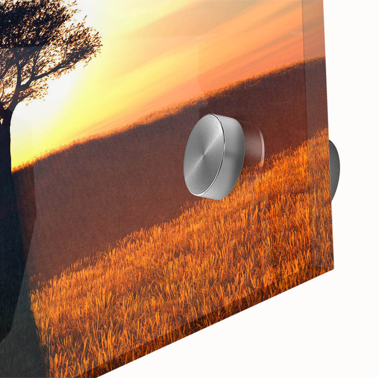Close-up of a vibrant acrylic glass wall art piece showcasing a stunning landscape with lush green trees, ideal for adding nature-inspired decor to modern interiors.