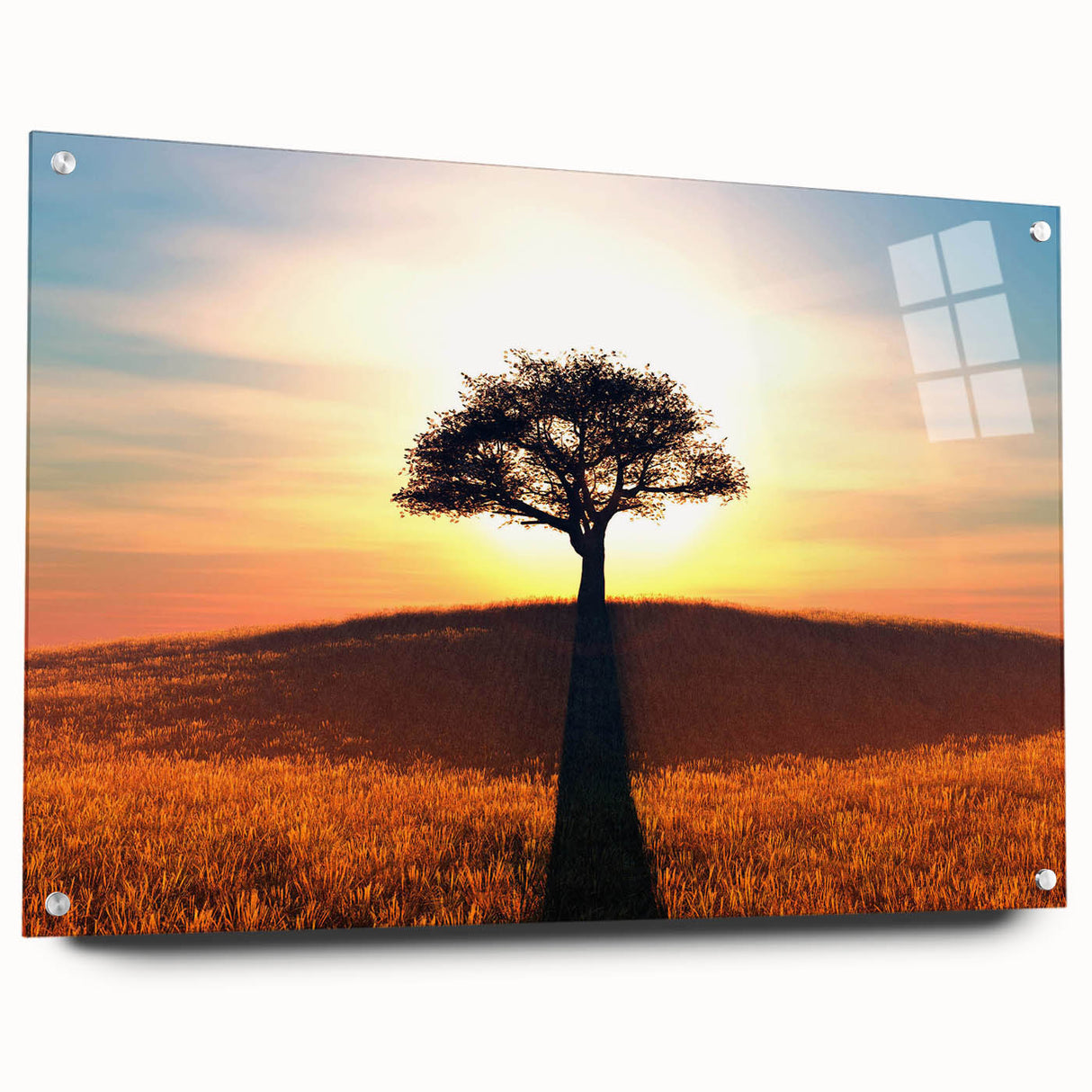 Acrylic wall art piece depicting a serene landscape with lush trees, showcasing vibrant colors and intricate details, designed for modern home decor.
