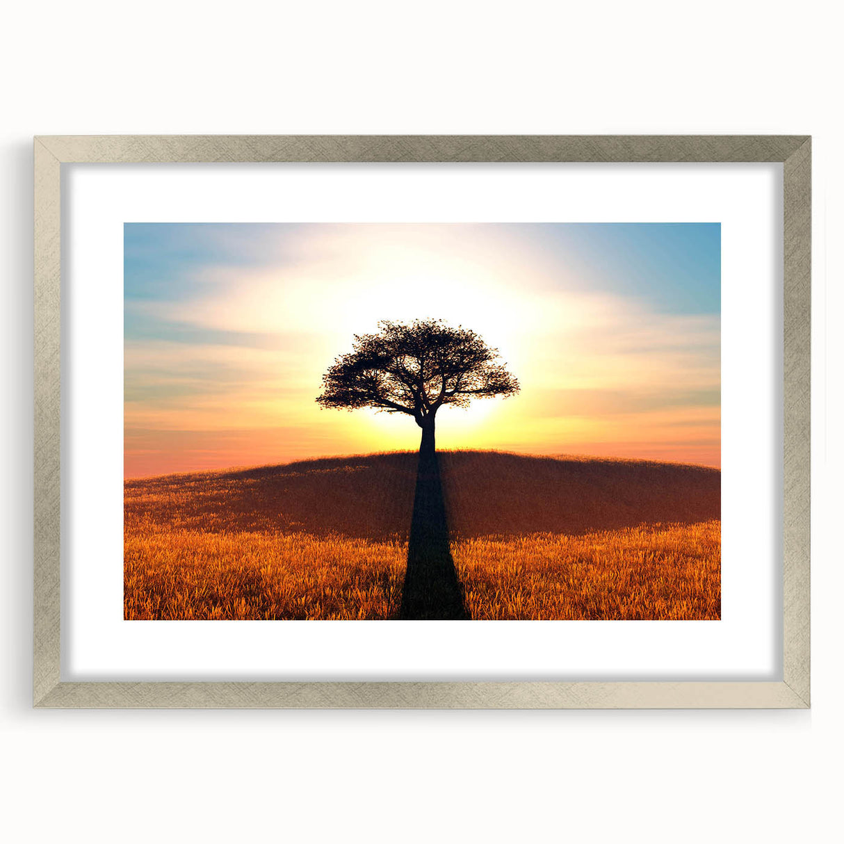 Framed wall art featuring a serene landscape of trees with a silver mat, perfect for home decor, showcasing natural beauty and tranquility in modern interiors.
