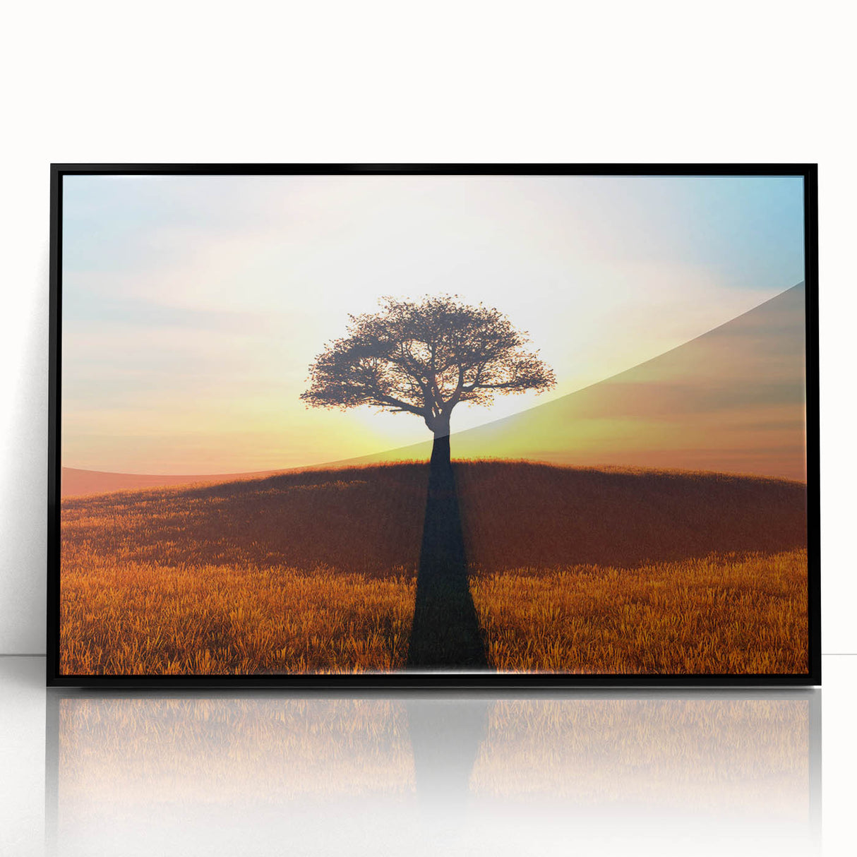 Framed acrylic wall art featuring a vibrant landscape design with trees, displayed in a sleek black frame, perfect for enhancing modern home decor.