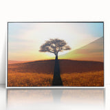 Framed acrylic wall art showcasing a serene landscape with lush green trees and vibrant skies, designed to enhance home decor with a touch of nature.