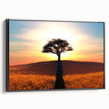 Framed canvas wall art showcasing a serene landscape of trees in vibrant greens and browns, elegantly displayed from a black side view, perfect for home decor.