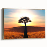 Framed canvas wall art depicting a serene landscape with trees, featuring a gold frame, ideal for home decor in contemporary settings.