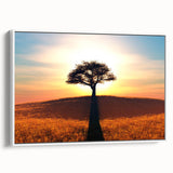 Framed canvas wall art showcasing a serene landscape with vibrant trees and a white border, perfect for home decor. Ideal for nature lovers seeking tranquility.