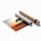 Vibrant rolled print of a serene landscape featuring lush green trees and a tranquil sky, perfect for home decor, emphasizing nature's beauty and tranquility.