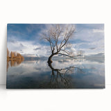 Stretched canvas wall art featuring a serene landscape with tall trees and a calming color palette, ideal for enhancing home decor and creating a tranquil atmosphere.