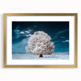 Framed wall art featuring a serene landscape with trees, stylishly presented with a gold mat, perfect for home decor to enhance any living space's aesthetic.
