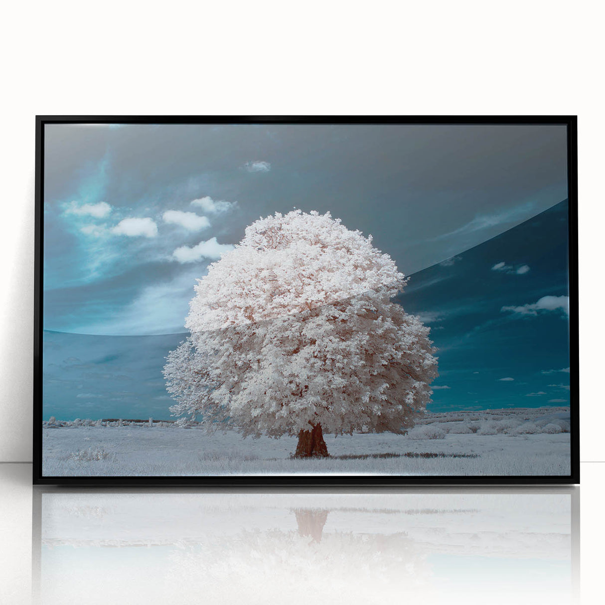 Framed wall art featuring a vibrant landscape design with trees, showcased in a sleek black frame, perfect for enhancing home decor and adding a touch of nature.