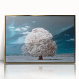Framed acrylic wall art showcasing a serene landscape with vibrant green trees and a golden frame, perfect for enhancing modern home decor with a touch of nature.