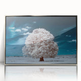 Framed acrylic wall art showcasing a vibrant landscape with trees, set in a sleek silver frame, perfect for modern home decor and nature enthusiasts.