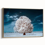 Framed wall art featuring a serene landscape with lush green trees set against a golden backdrop, perfect for home decor or office ambiance. The canvas adds a touch of elegance and nature-inspired beauty to any space.