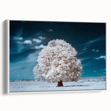 Framed canvas wall art featuring a serene landscape design with lush green trees and a soft white border, ideal for enhancing home decor and creating a calming atmosphere.