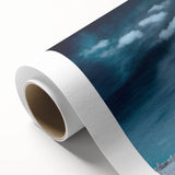 Vibrant rolled canvas art depicting a serene landscape with lush green trees and a blue sky, perfect for home decor or nature-themed interiors.