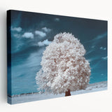 Stretched canvas wall art showcasing a vibrant landscape of trees with a serene sunset background, perfect for enhancing home decor and creating a calming ambiance.