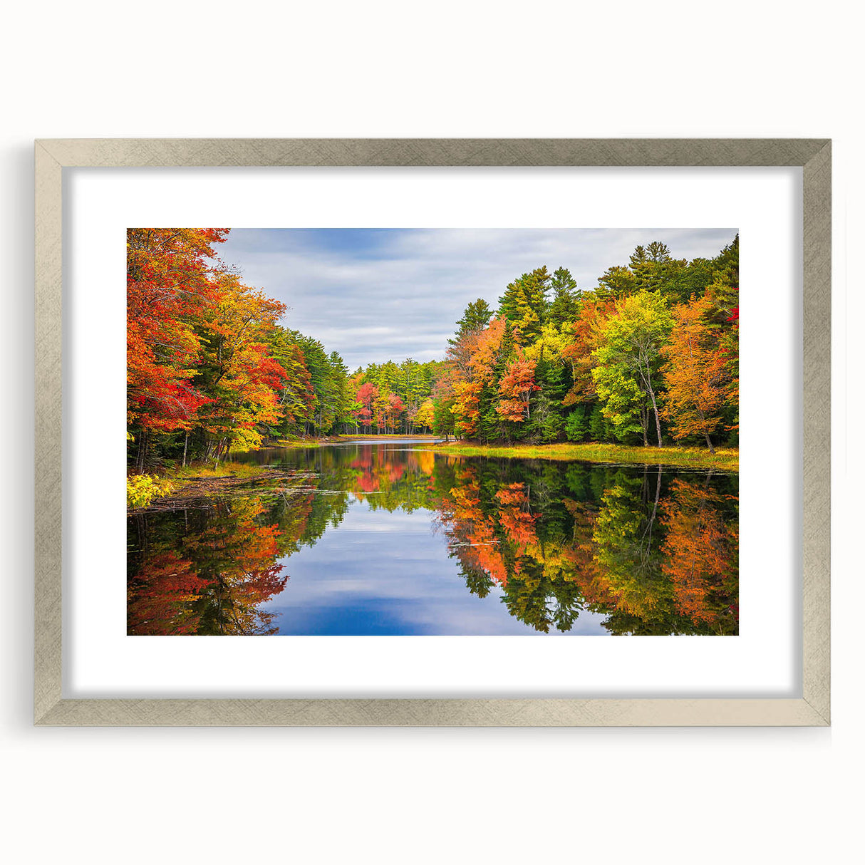 Framed wall art collection featuring a serene landscape with trees, set in a silver frame with a mat, ideal for home decor and nature enthusiasts.