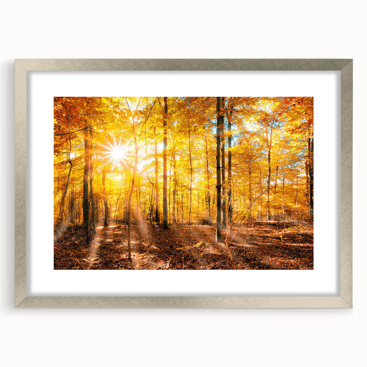 Framed wall art featuring a serene landscape with trees, displayed in a silver frame with a white mat, perfect for enhancing home decor and adding tranquility.