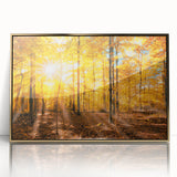 Framed acrylic wall art showcasing a beautiful landscape with vibrant trees, set against a gold background, ideal for enhancing home decor and adding a touch of elegance.