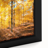 Close-up of a framed canvas wall art piece showcasing a vibrant landscape with lush green trees and a serene atmosphere, perfect for home decor enhancement.