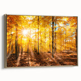 Framed canvas wall art featuring a serene landscape with trees, showcasing golden hues and intricate details, ideal for home decor or office ambiance.