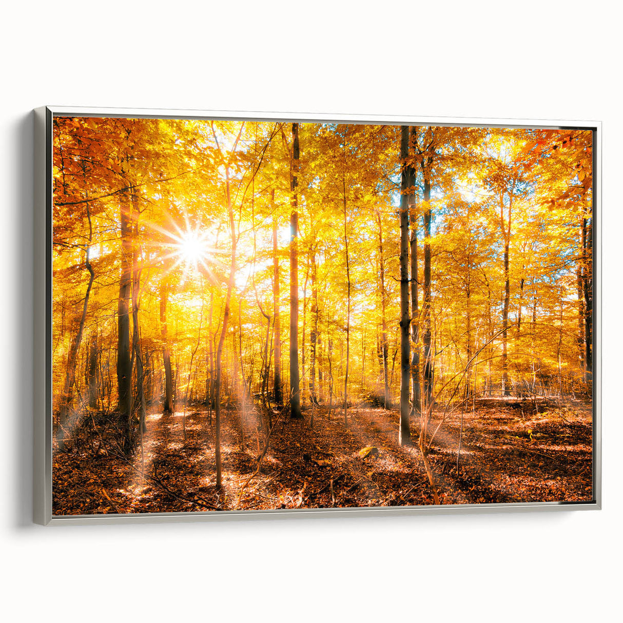Framed canvas wall art showcasing a serene landscape with lush green trees and a tranquil silver border, enhancing home decor with its elegant design.