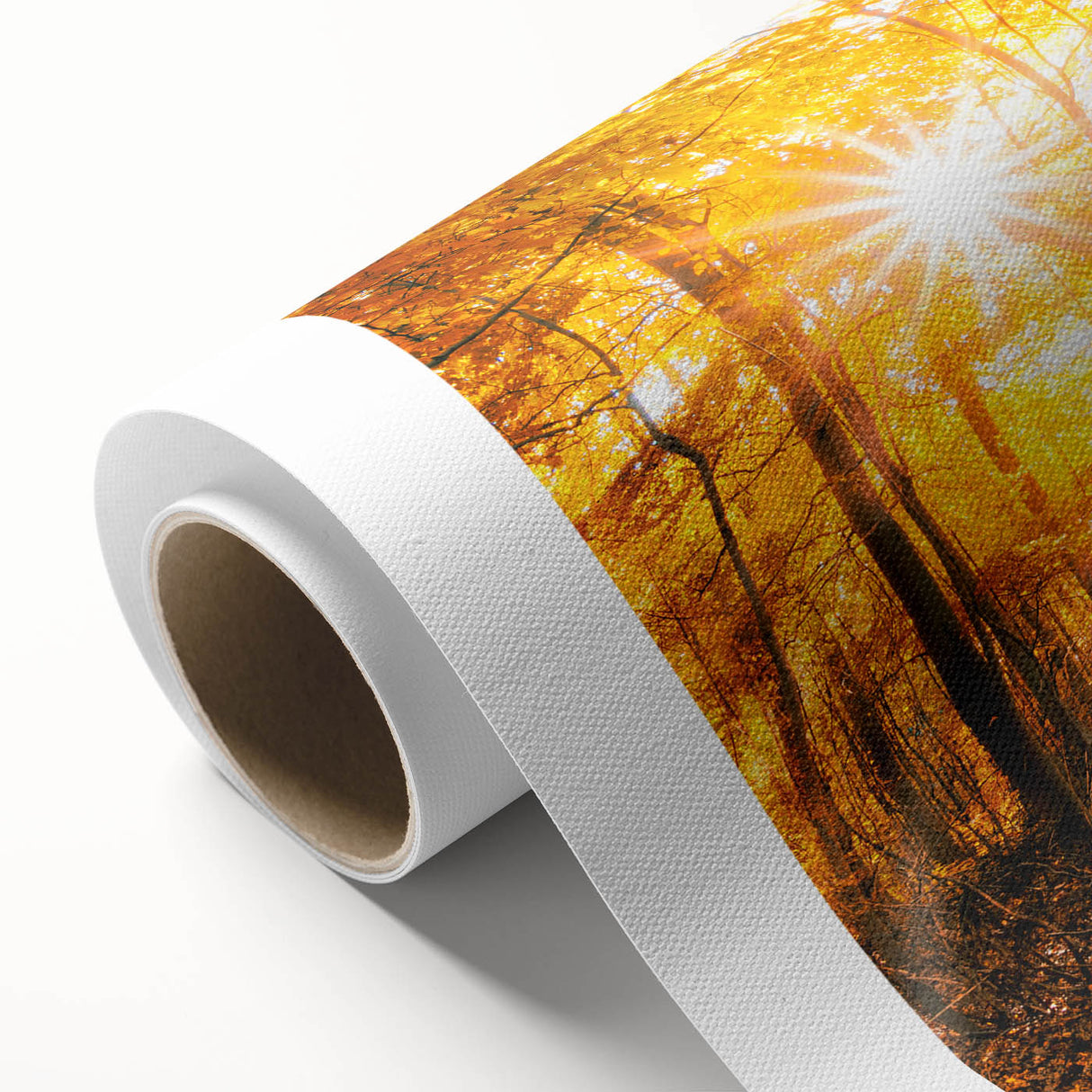 Rolled canvas artwork showcasing a vibrant landscape with lush green trees and a serene blue sky, designed for home decor, elegantly packaged in protective cardboard.