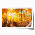 Vibrant rolled canvas print showcasing a serene landscape of tall, green trees against a soft blue sky, ideal for home decor or nature-themed interiors.
