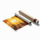 Vibrant rolled print of a tranquil landscape featuring lush green trees against a serene sky, ideal for home decor and nature-themed art collections.